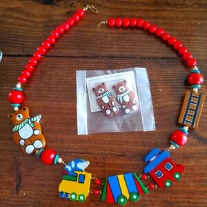 Vintage school train bear necklace and earrings